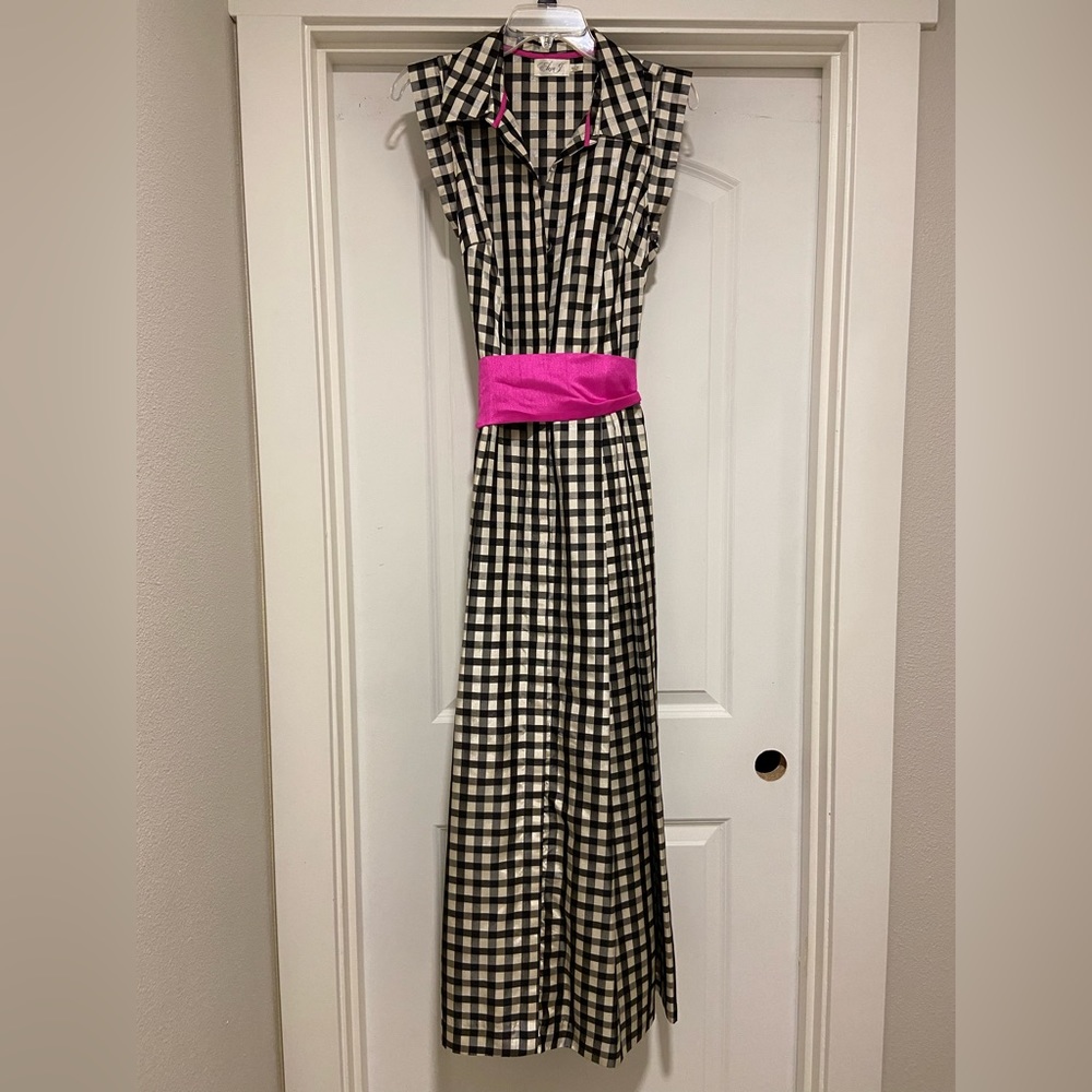 Eliza J Black and White Checkered Gown with Adorable Pink Details AND POCKETS